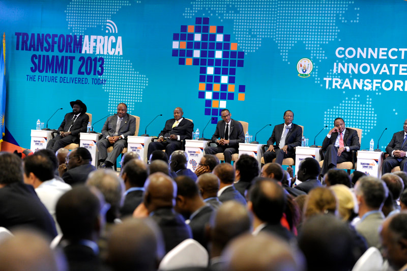 H.E. President Kagame together with six Heads of State at the first TransformAfrica Summit on technology